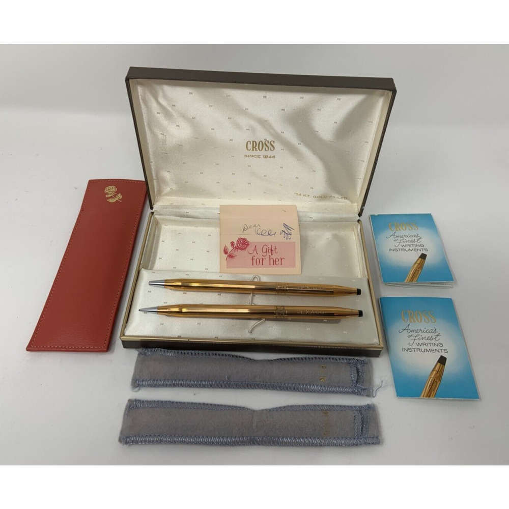 Vtg Texaco Cross l4K Gold Filled Pen & Pencil Set W/Leather Case